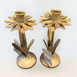 NWT Set of Kirklands Distressed Gold Metal Floral 9” Taper Candle Holders